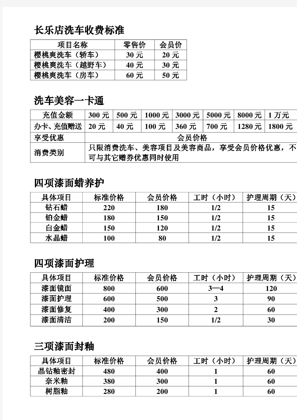 洗车收费标准