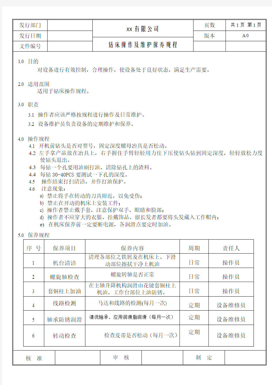 钻床操作及维护保养规程