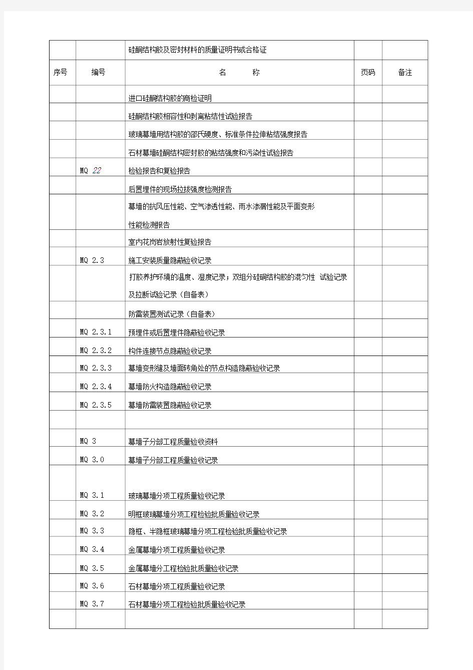 幕墙工程施工质量验收资料