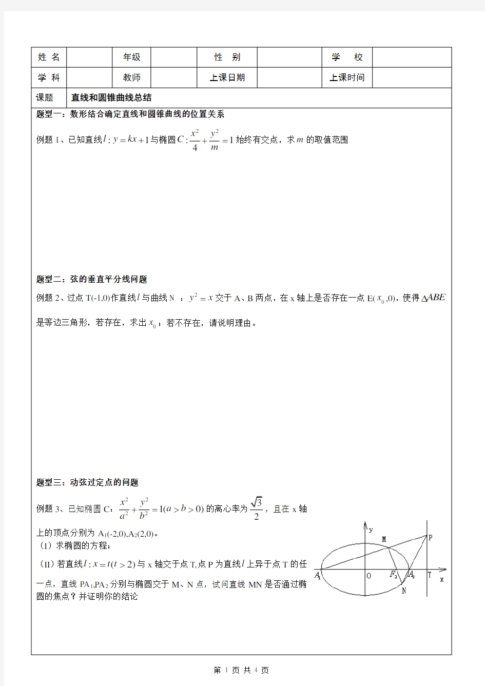 直线和圆锥曲线题型总结