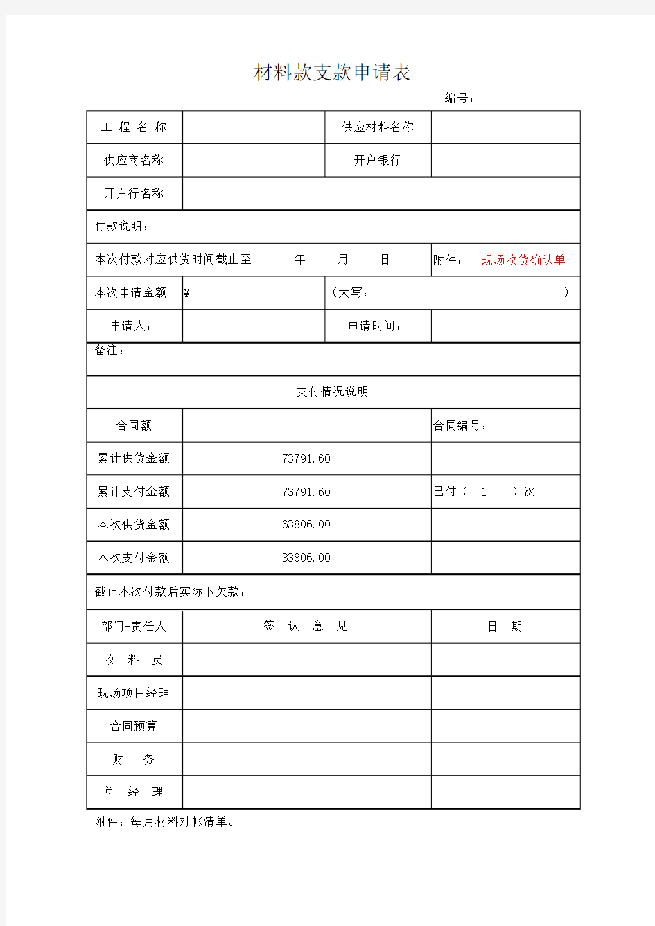 材料款支付申请表