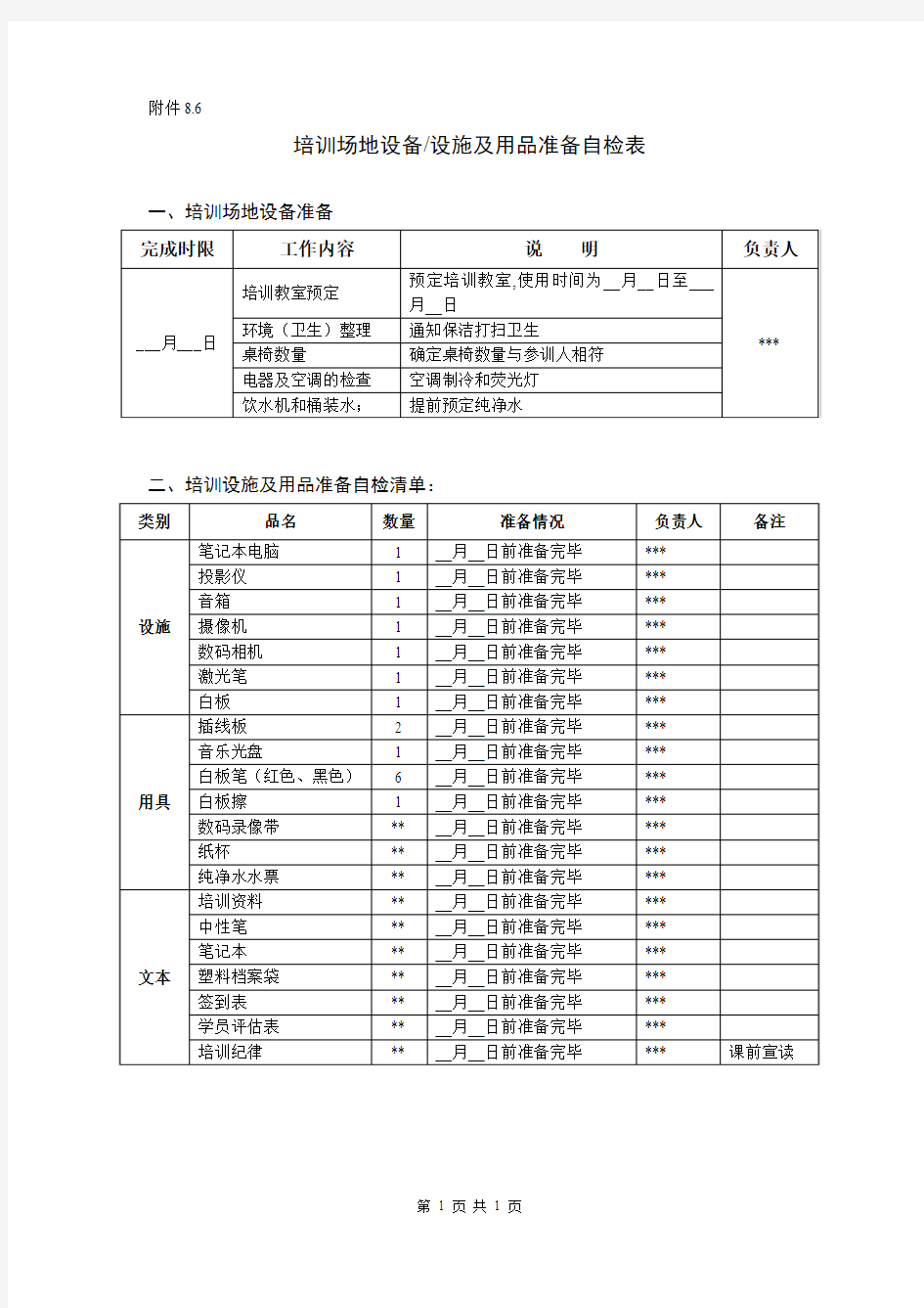 培训场地设备准备自检清单