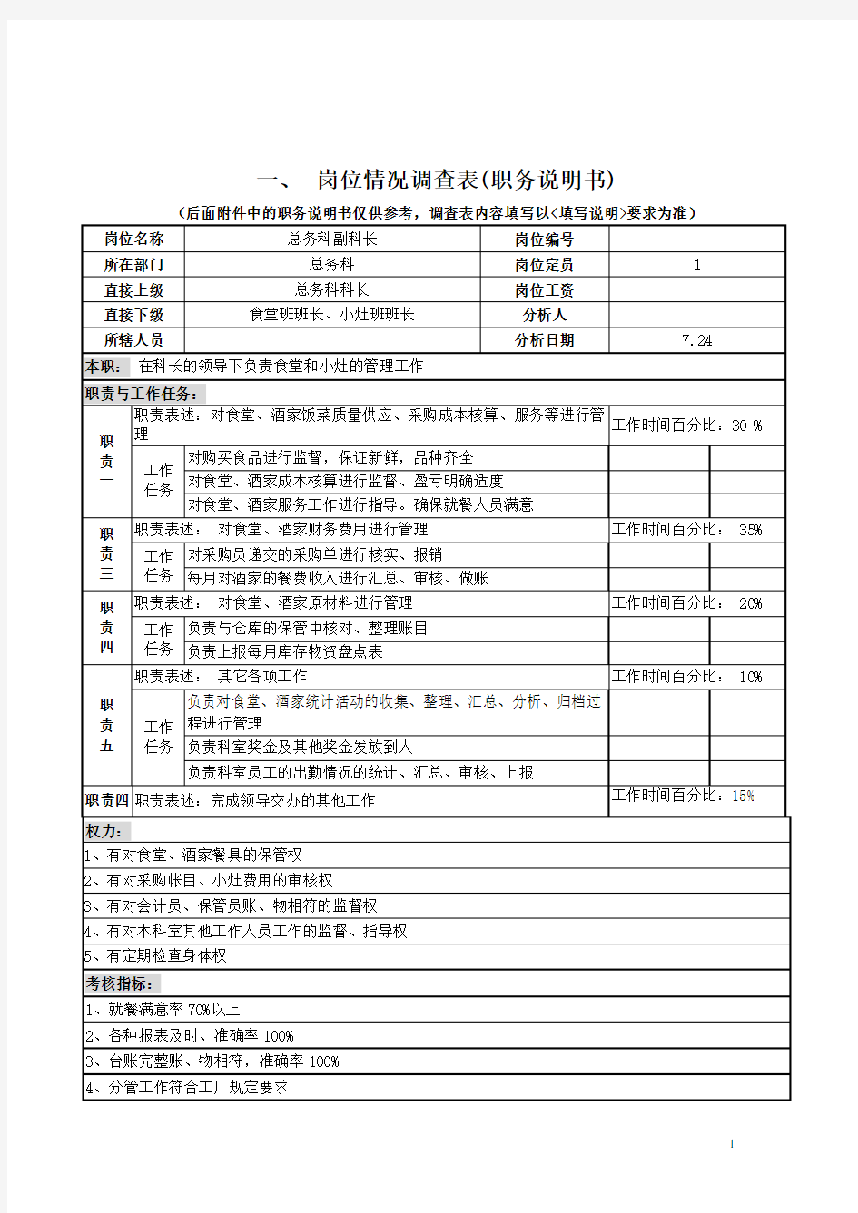 总务科副科长岗位职责说明书