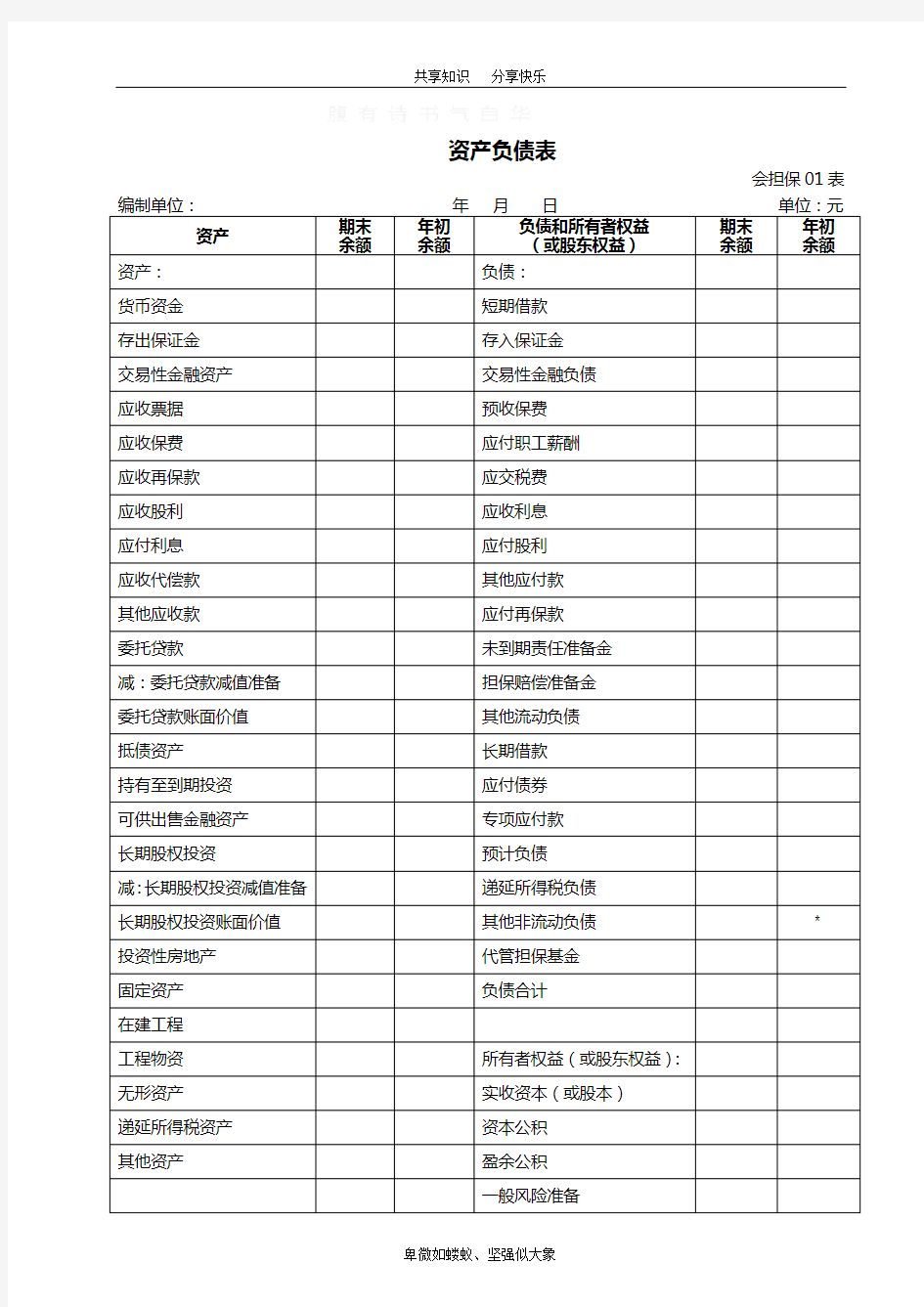 融资性担保公司财务报表