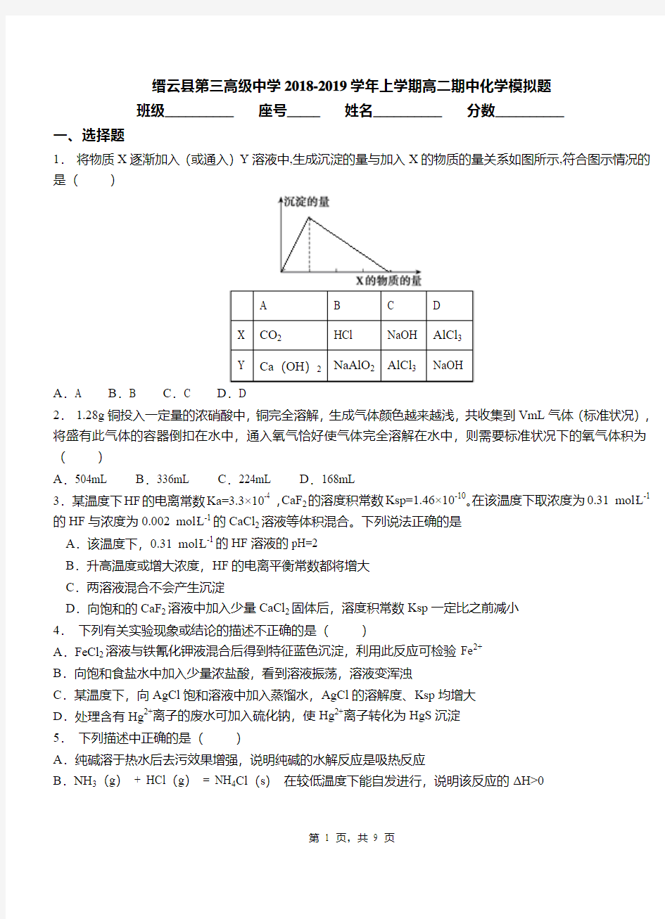 缙云县第三高级中学2018-2019学年上学期高二期中化学模拟题