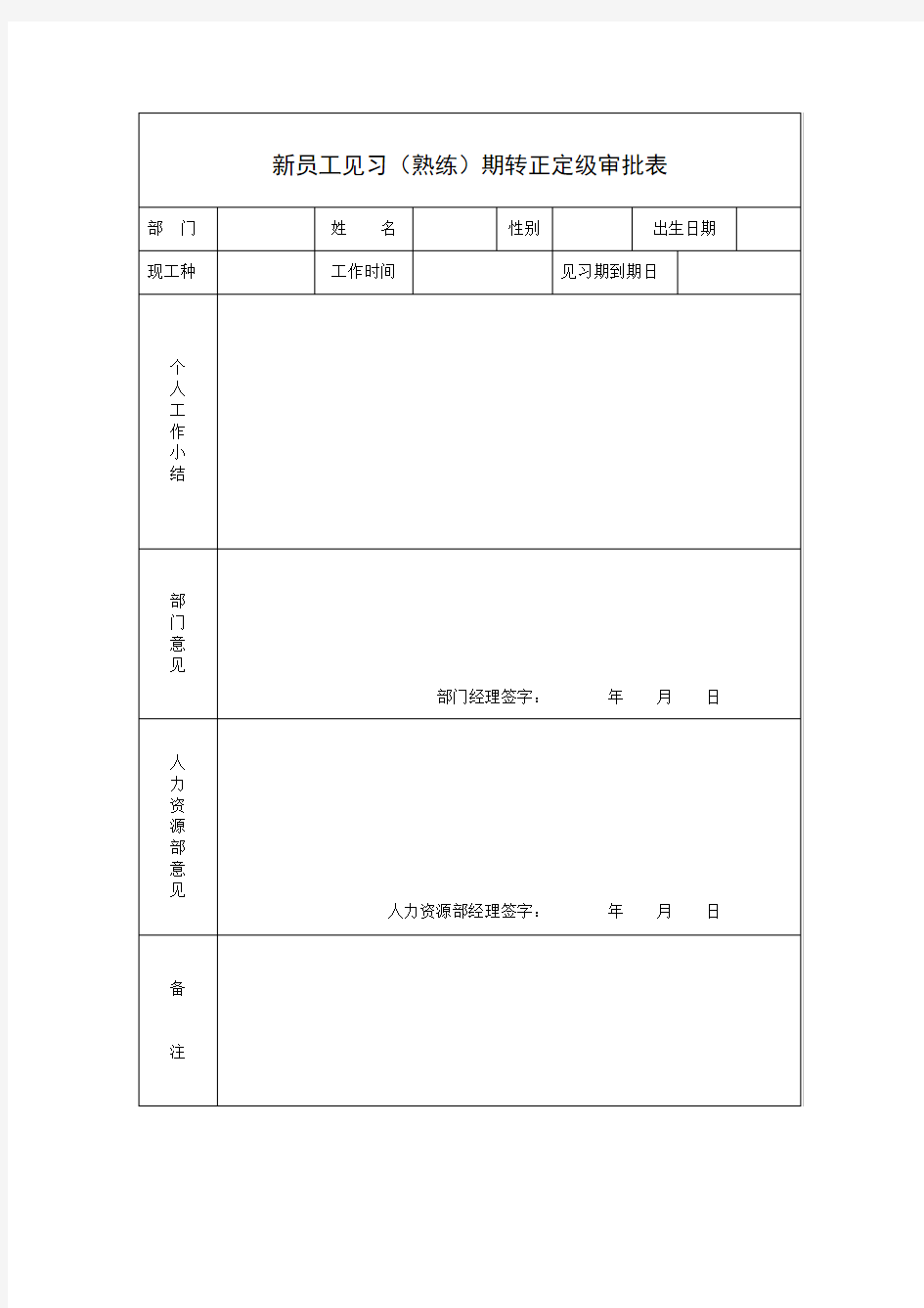 新员工见习熟练)期转正定级审批表