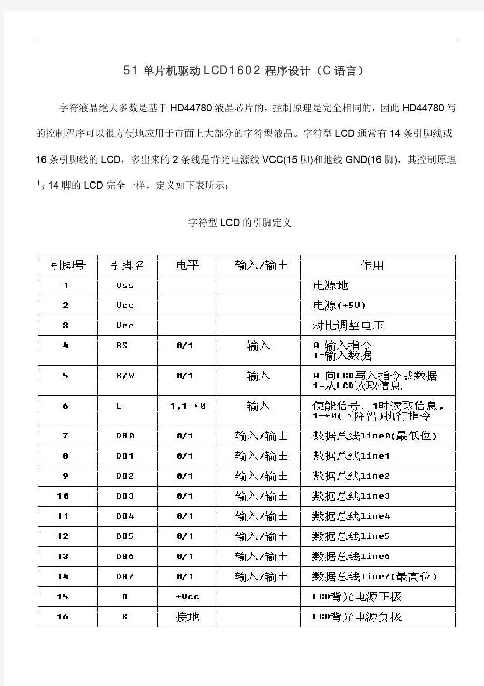 51单片机驱动LCD1602程序设计(C语言)