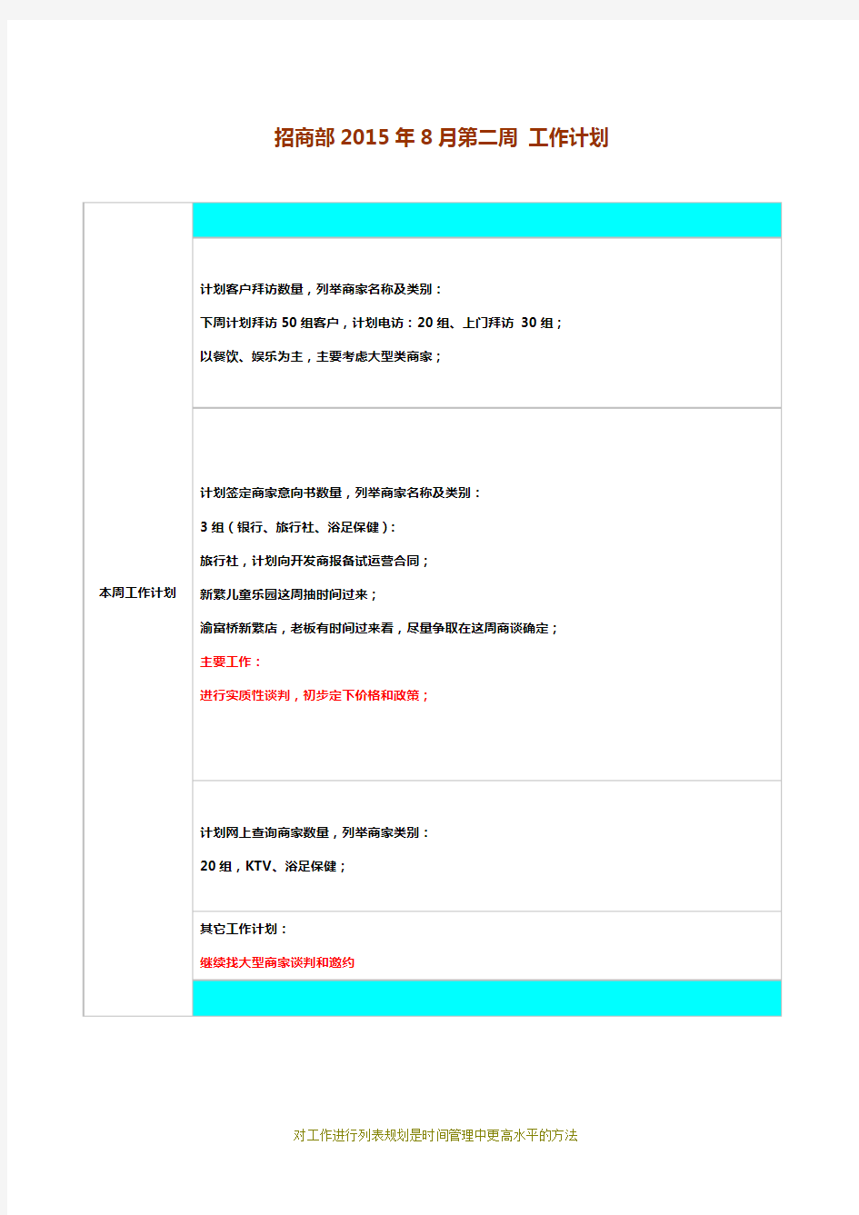 招商部周计划