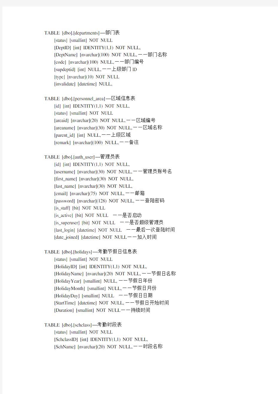 中控广域网考勤zktime8.0数据库表结构