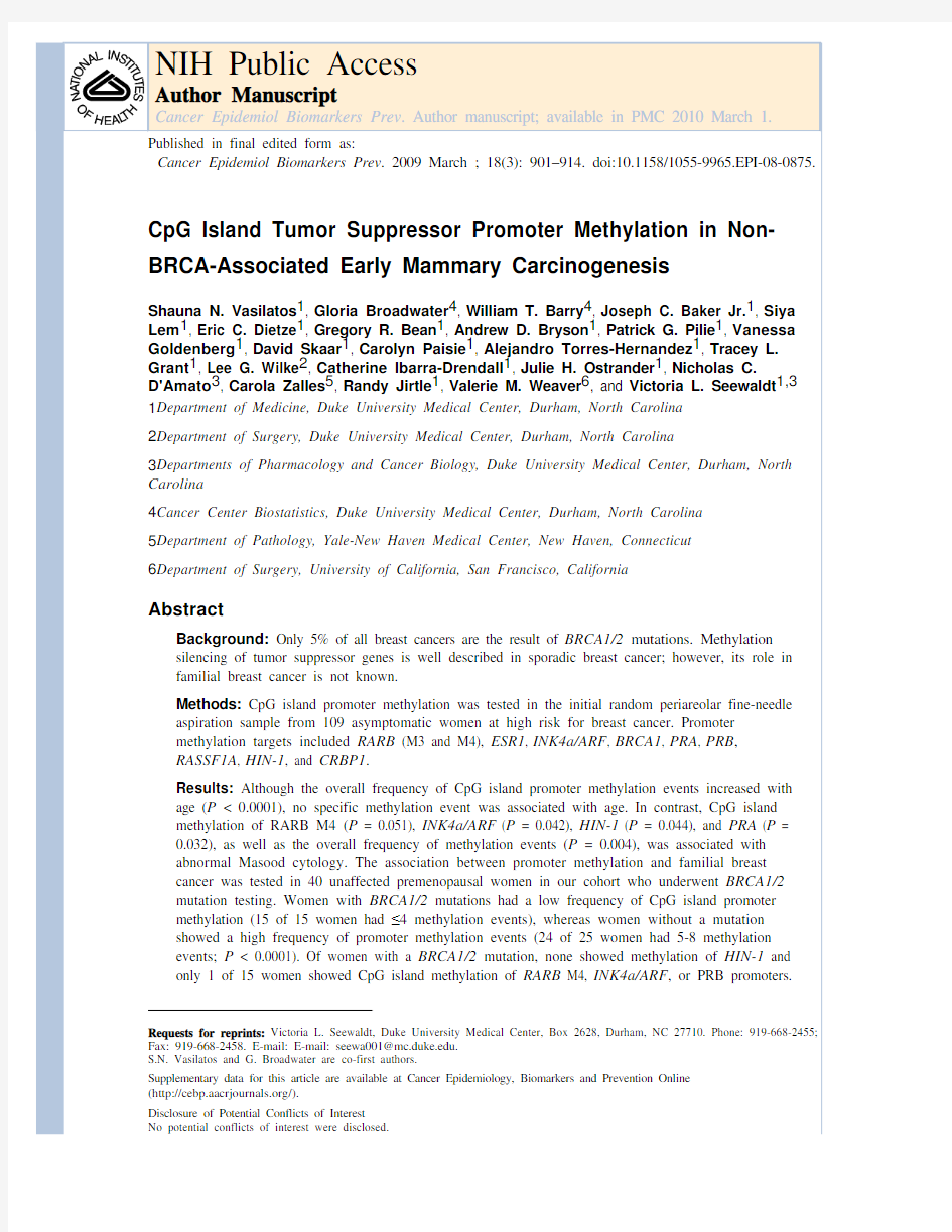 CpG Island Tumor Suppressor Promoter Methylation in Non-