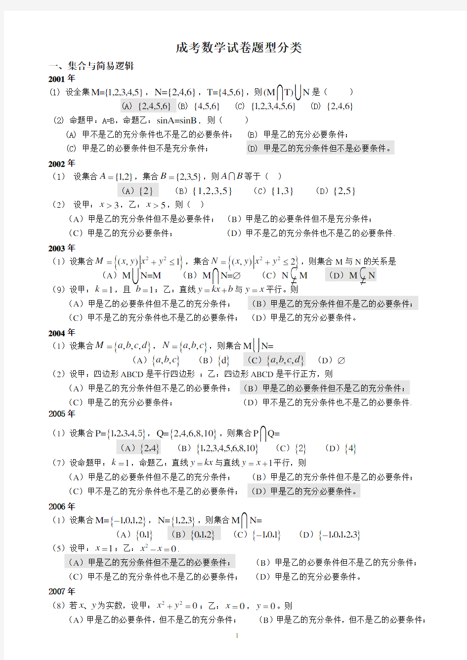 成人高考数学试题(历年成考数学试题答案与解答提示)