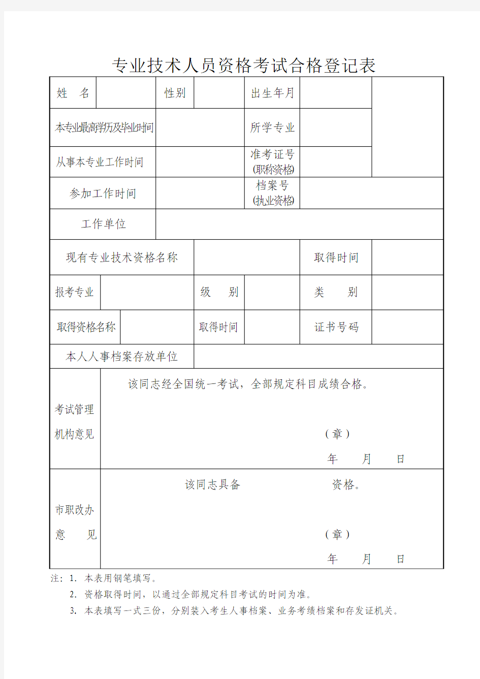 专业技术人员资格考试合格登记表样本