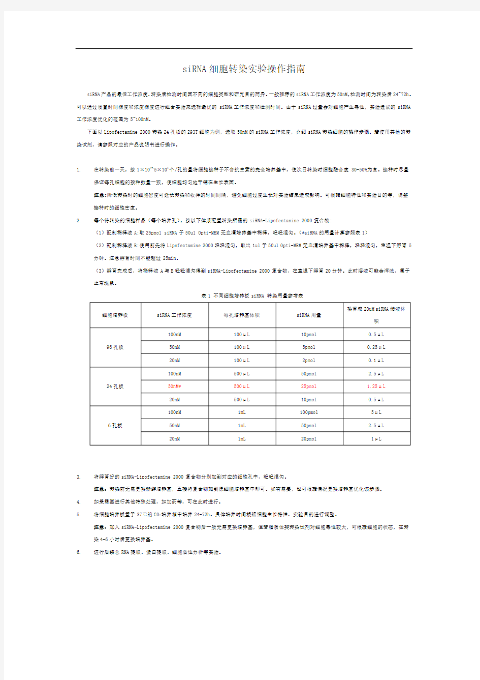 siRNA细胞转染实验操作指南