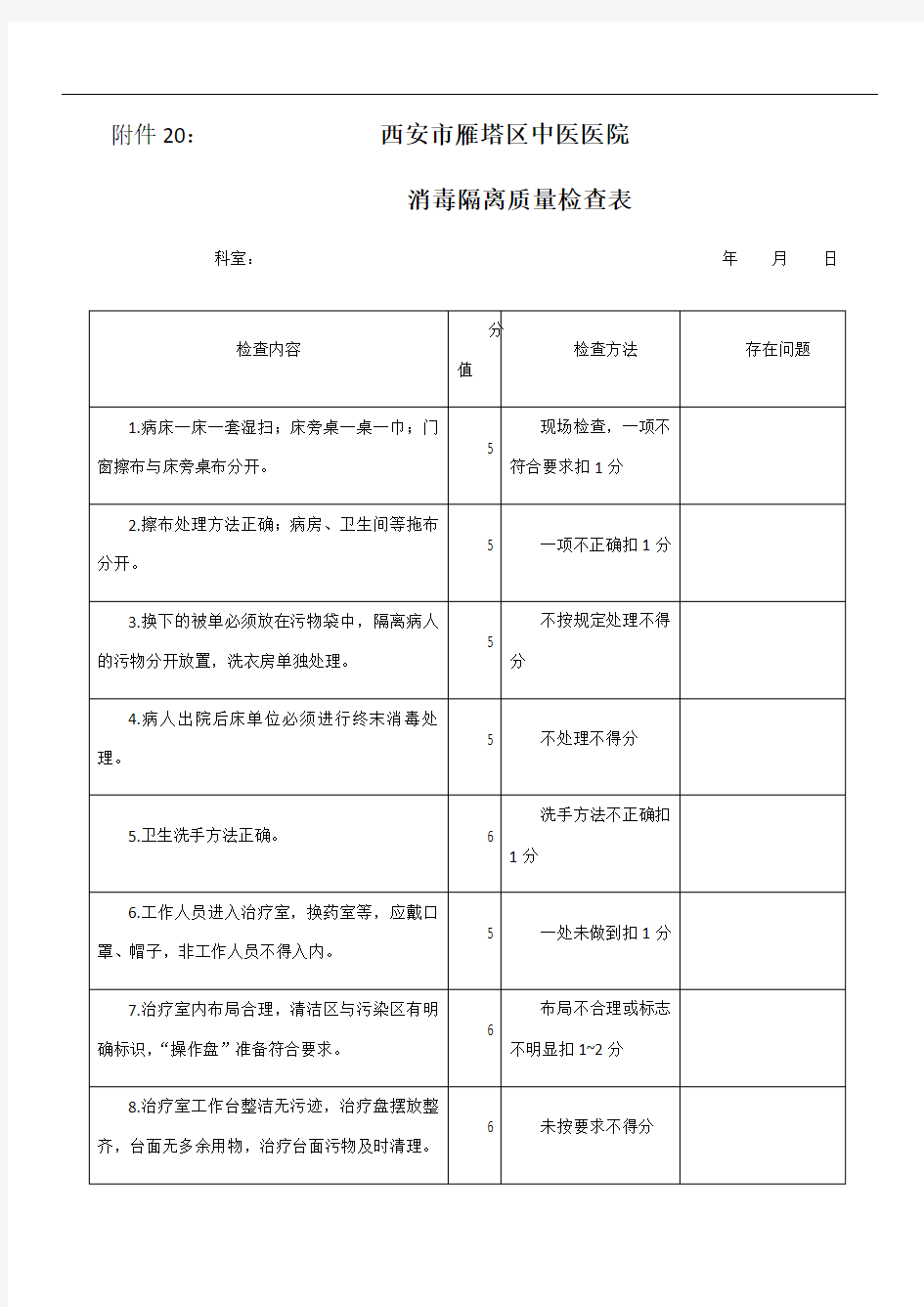 消毒隔离质量检查表