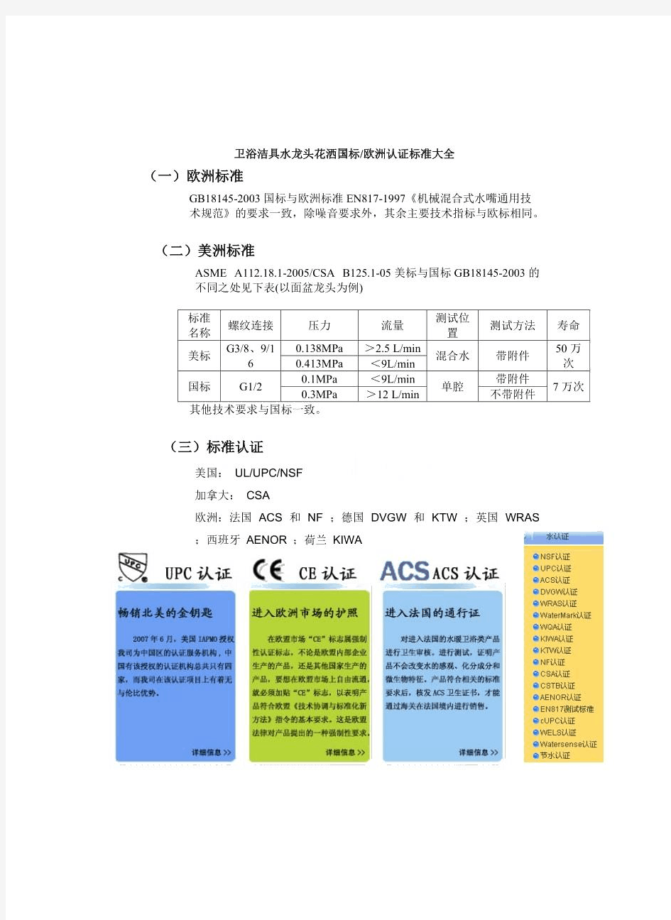 卫浴洁具水龙头花洒国标欧洲认证标准大全