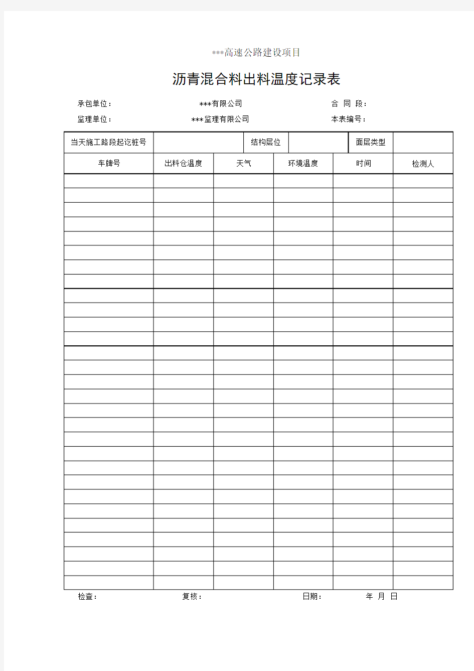 沥青混合料出料温度记录表