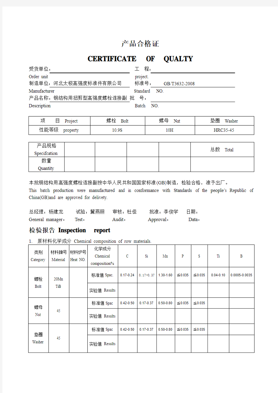 钢结构用大六角高强螺栓连接副