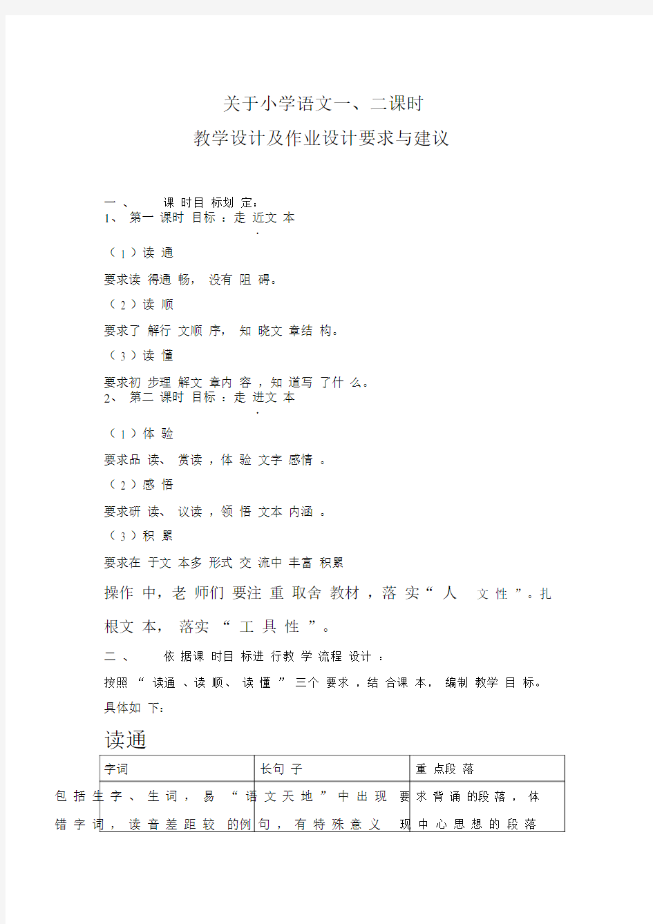 关于小学语文一二课时设计及作业要求.docx