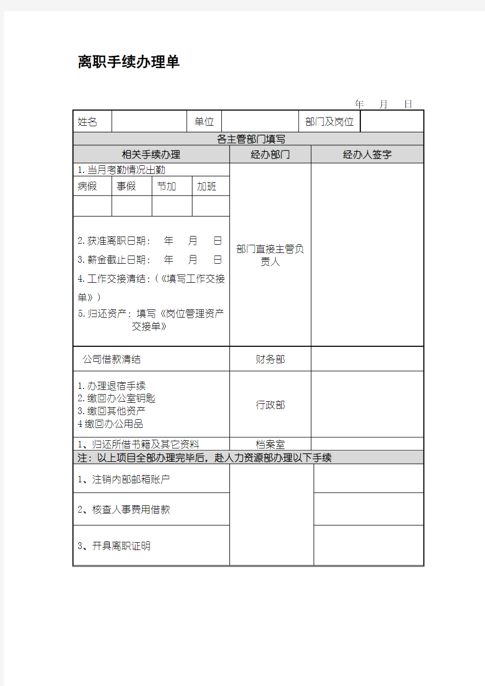 离职手续办理单