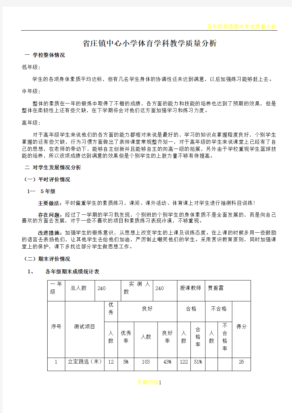 中心小学体育教学质量分析报告