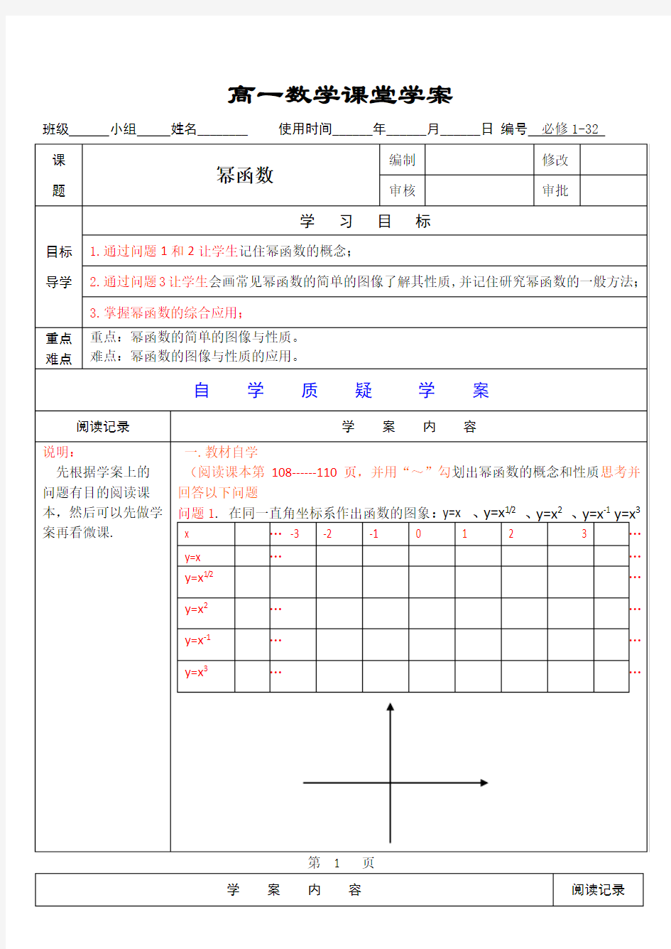 高一数学【幂函数】课堂学案