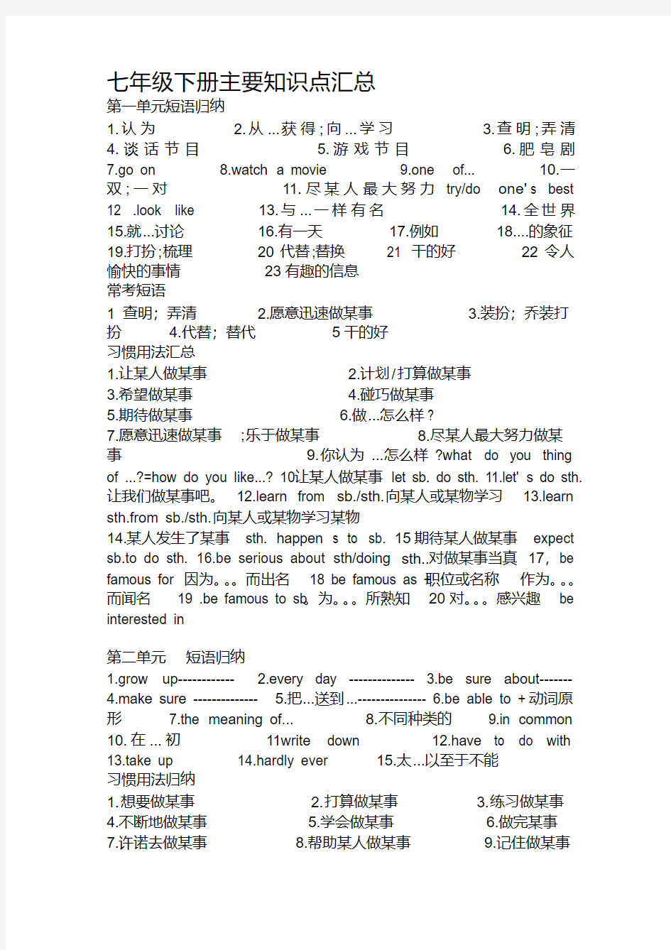 鲁教版七年级英语下册主要知识点汇总