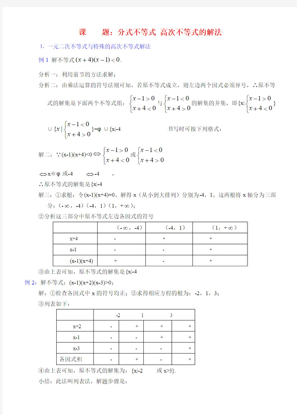 高考数学 高次分式不等式解法