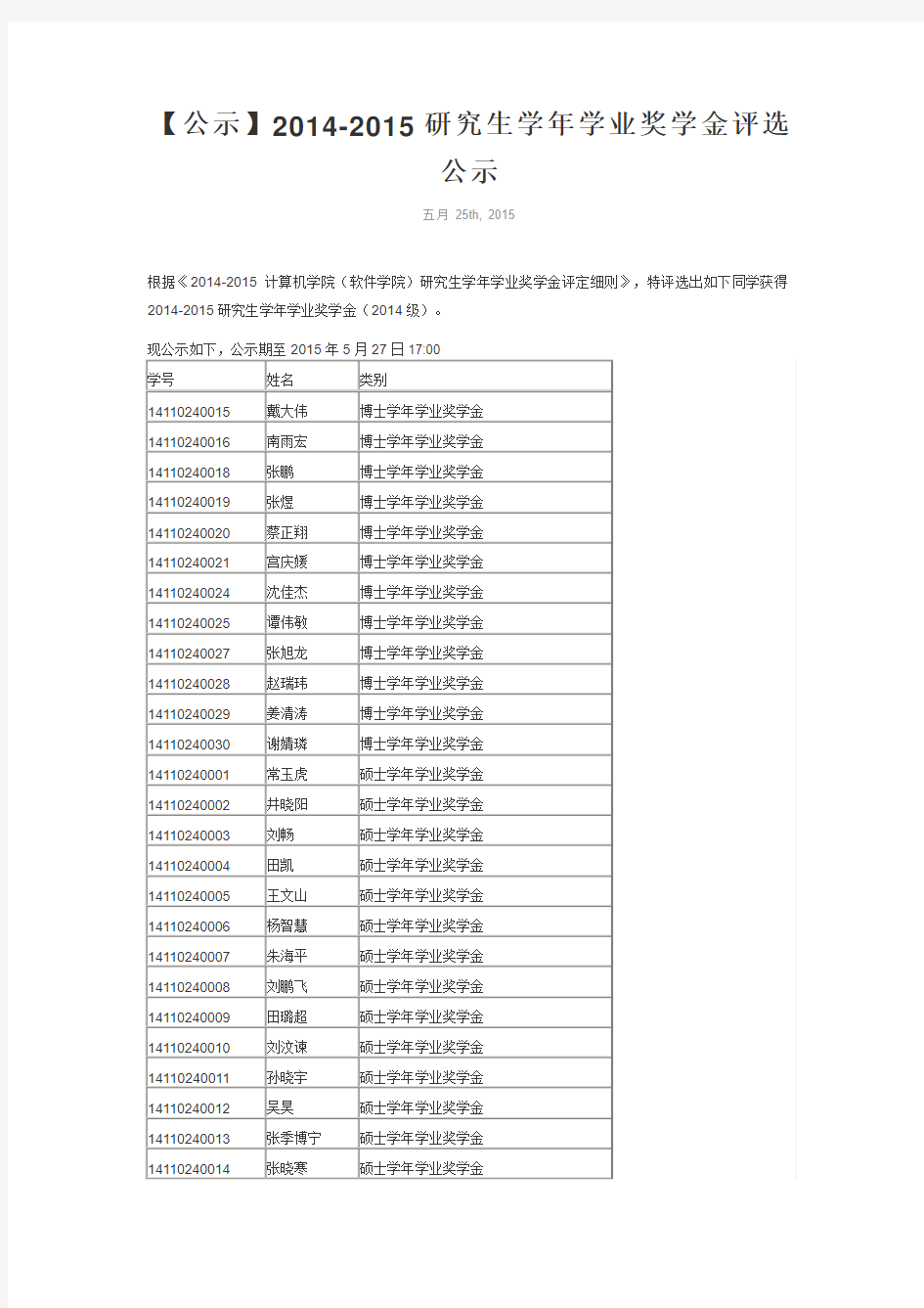 复旦计算机学院2014-2015研究生学年学业奖学金评选公示