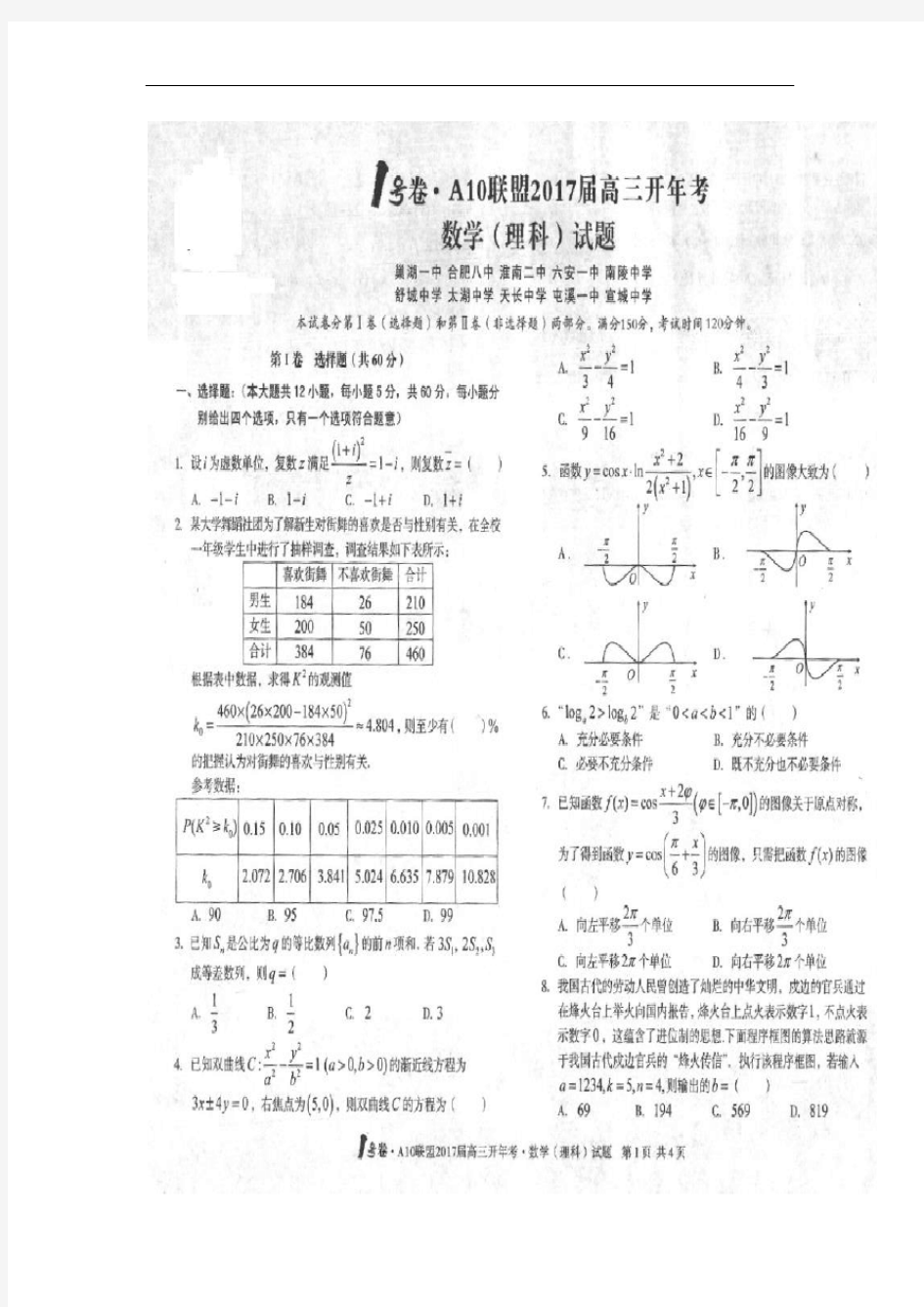 [首发]1号卷A10联盟2017届高三下学期开年考试数学(理)试题(图片版)