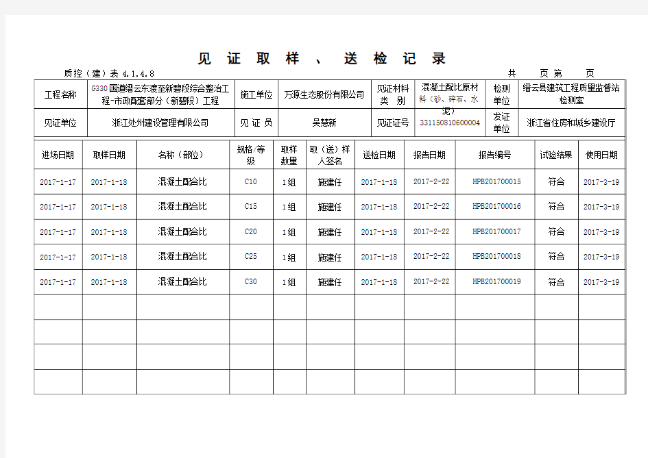 见证取样送检记录(台帐)范本