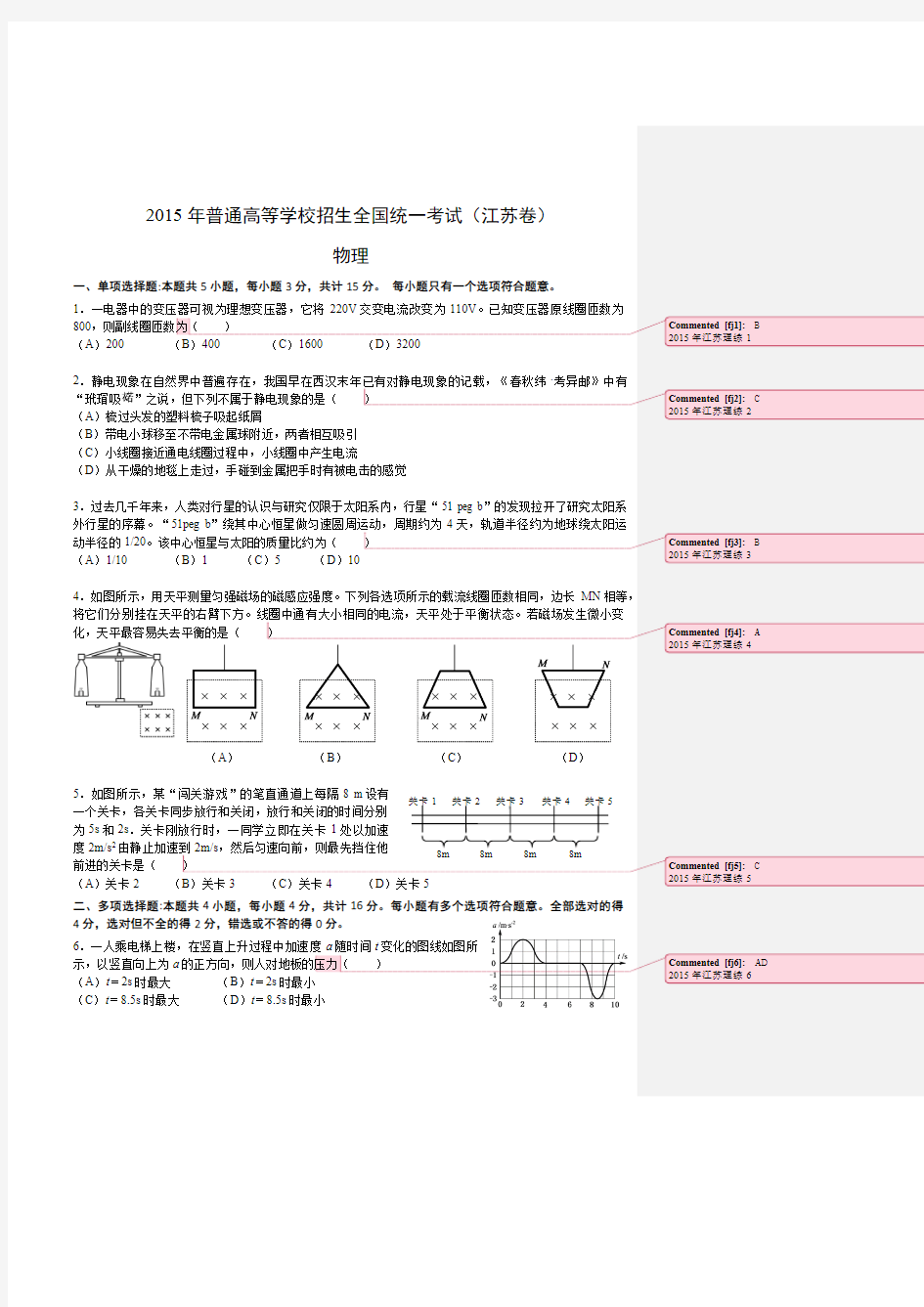 2015年江苏理综-高中物理批注版(精品高中高考物理学习资料)