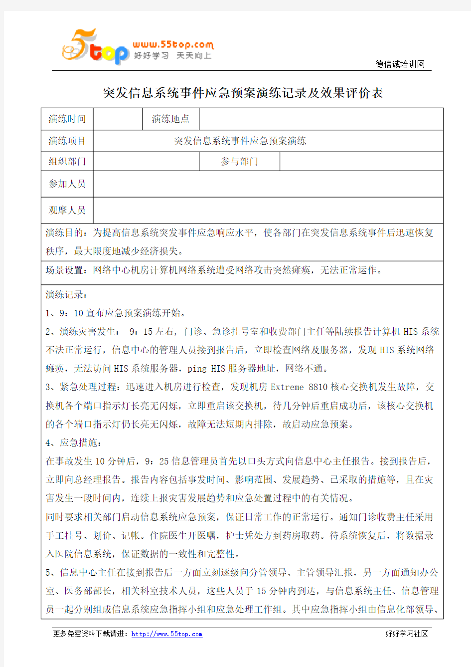 突发信息系统事件应急预案演练记录