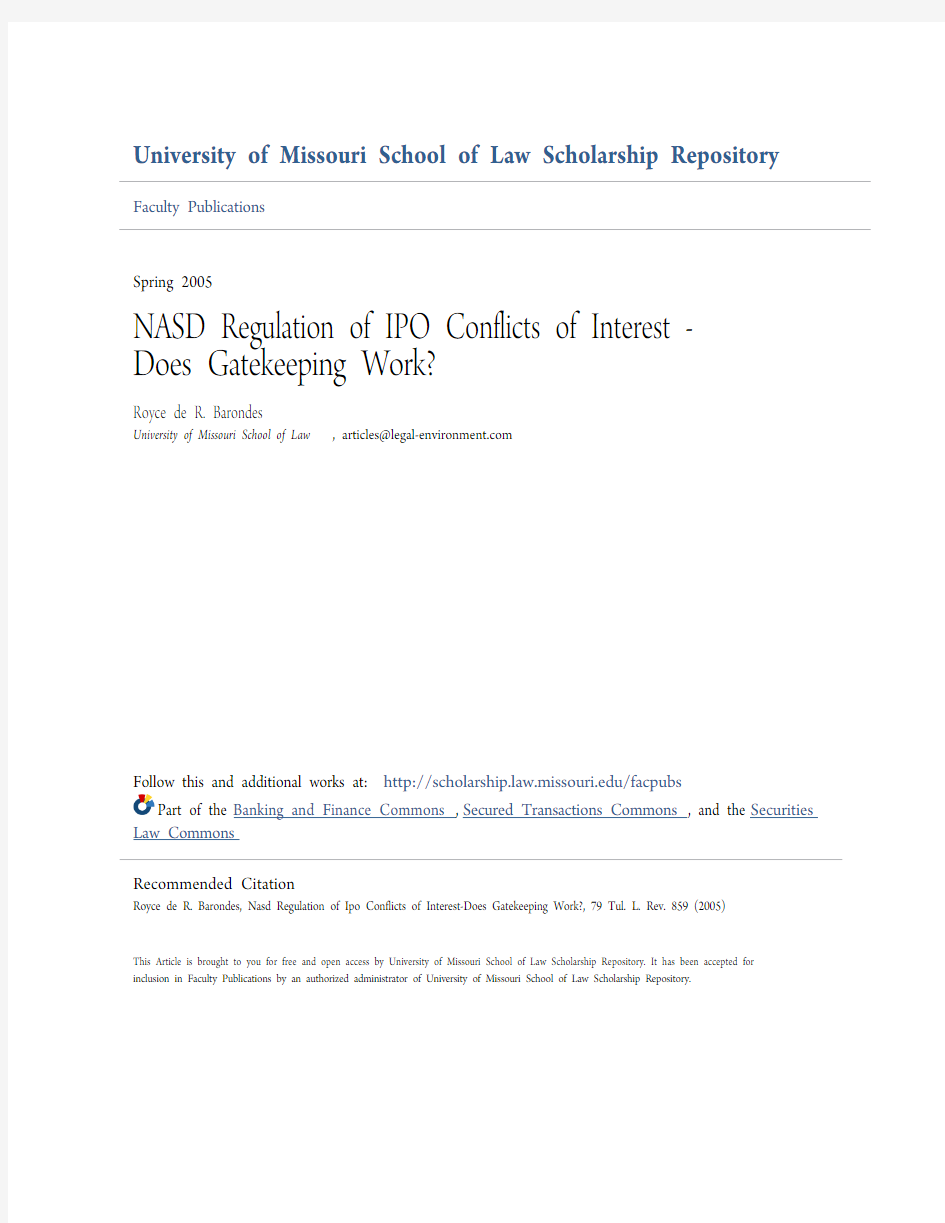 NASD Regulation of IPO Conflicts of Interest - Does Gatekeeping Work