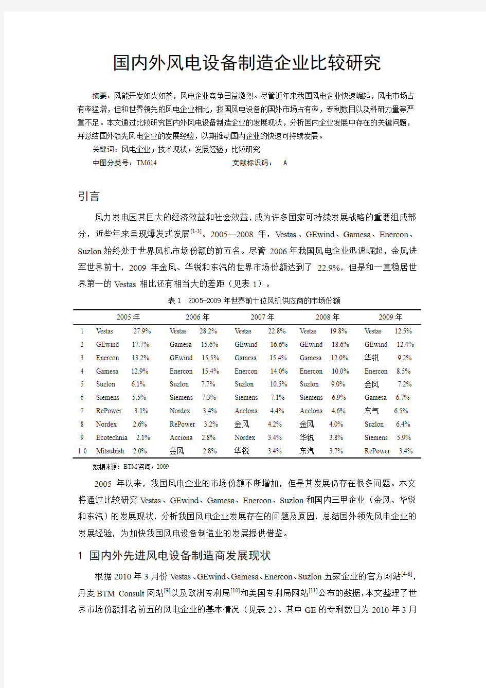 国内外风电设备制造企业比较研究