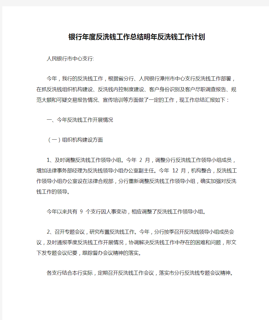 银行年度反洗钱工作总结明年反洗钱工作计划