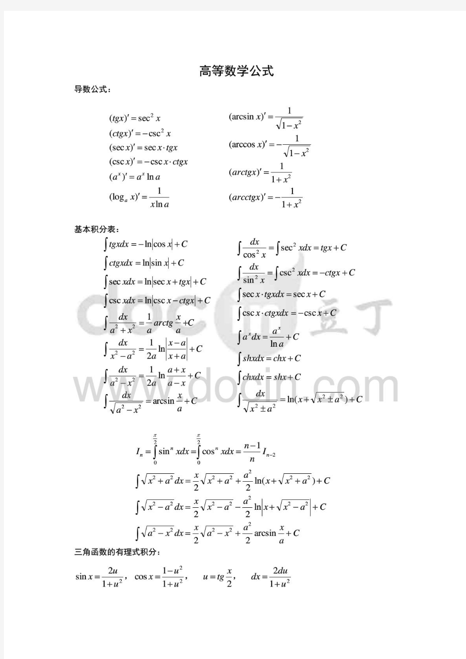 史上最全的数学微积分公式+三角函数+定理