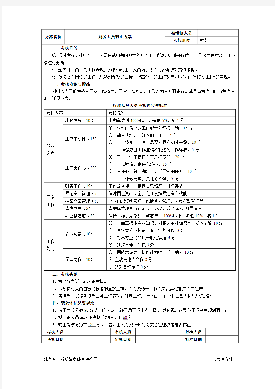 财务试用期转正考核表