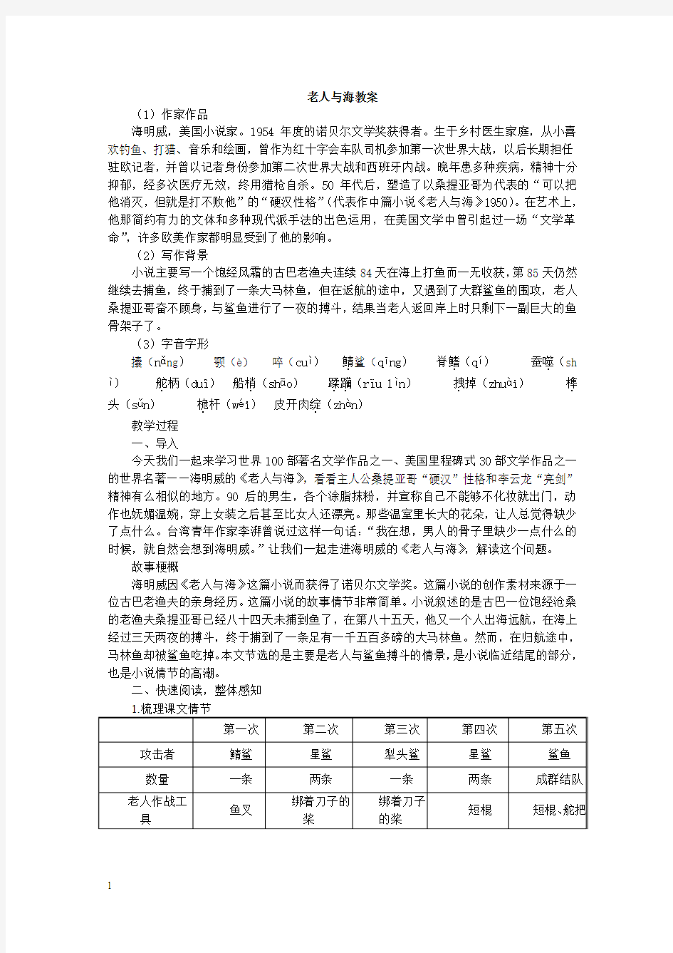 《老人与海》赏析教案