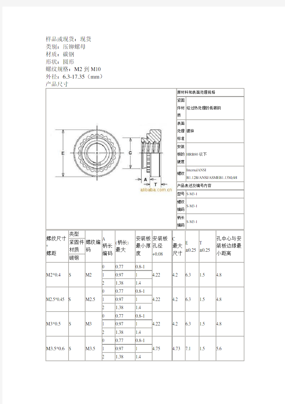 压铆螺母规格尺寸表