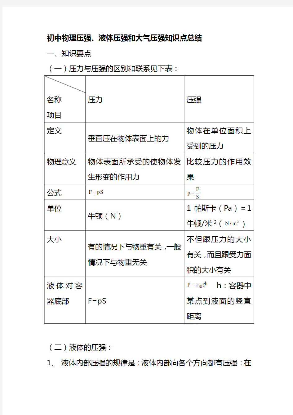 初中物理压强、液体压强和大气压强知识点总结教程文件