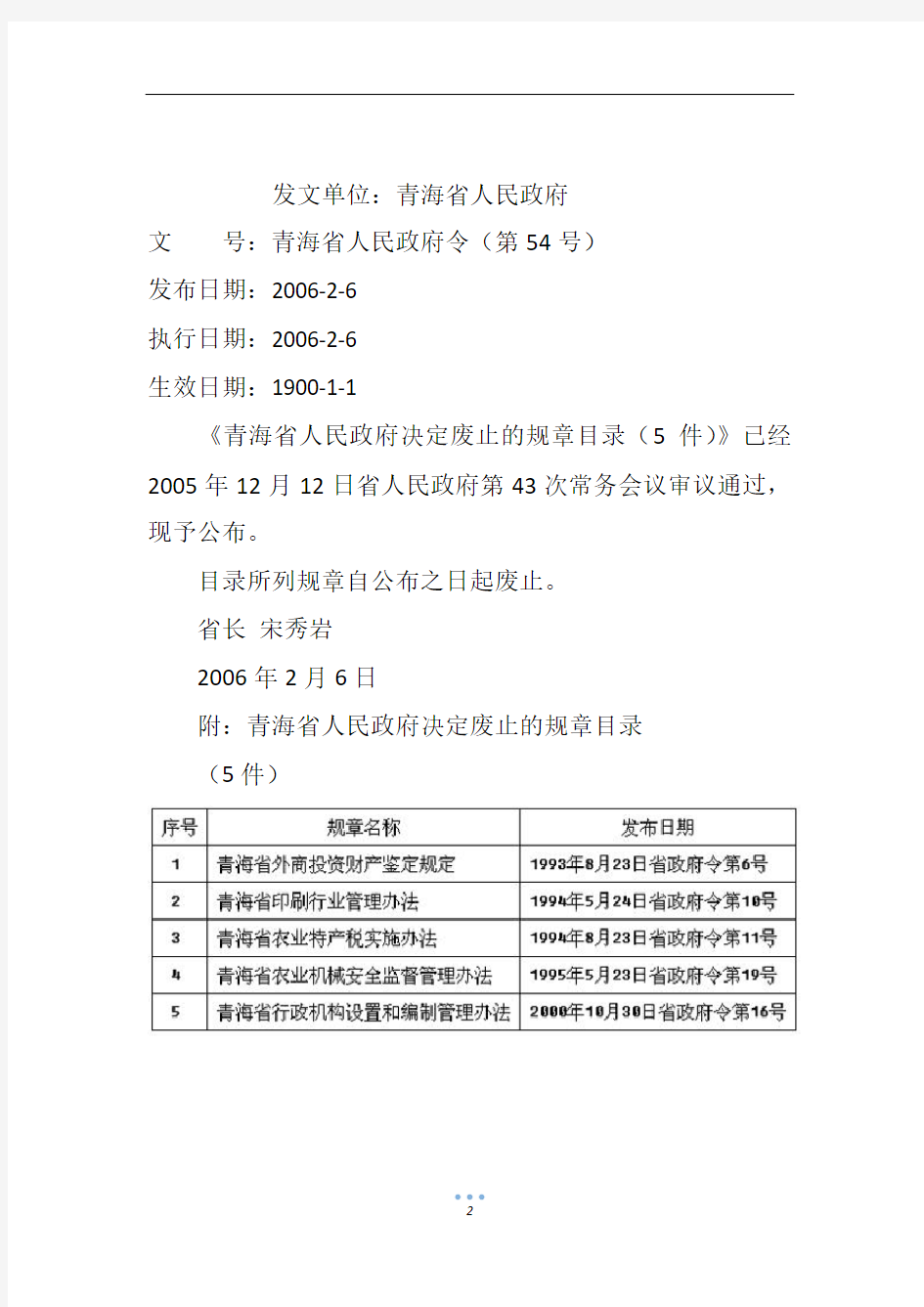青海省人民政府决定废止的规章目录(5件)