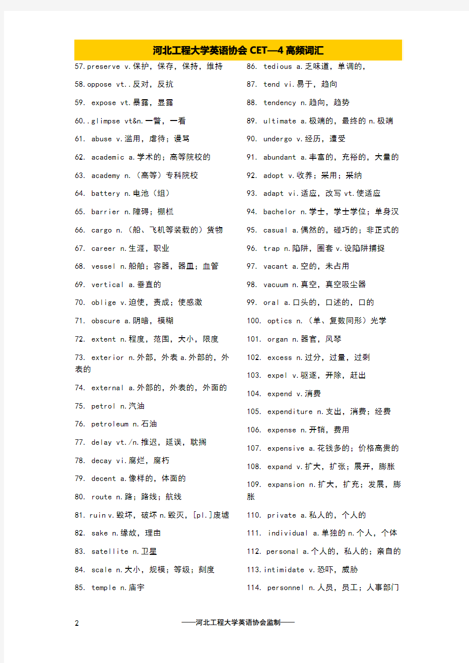 河北工程大学英语协会之最新英语四级高频词汇