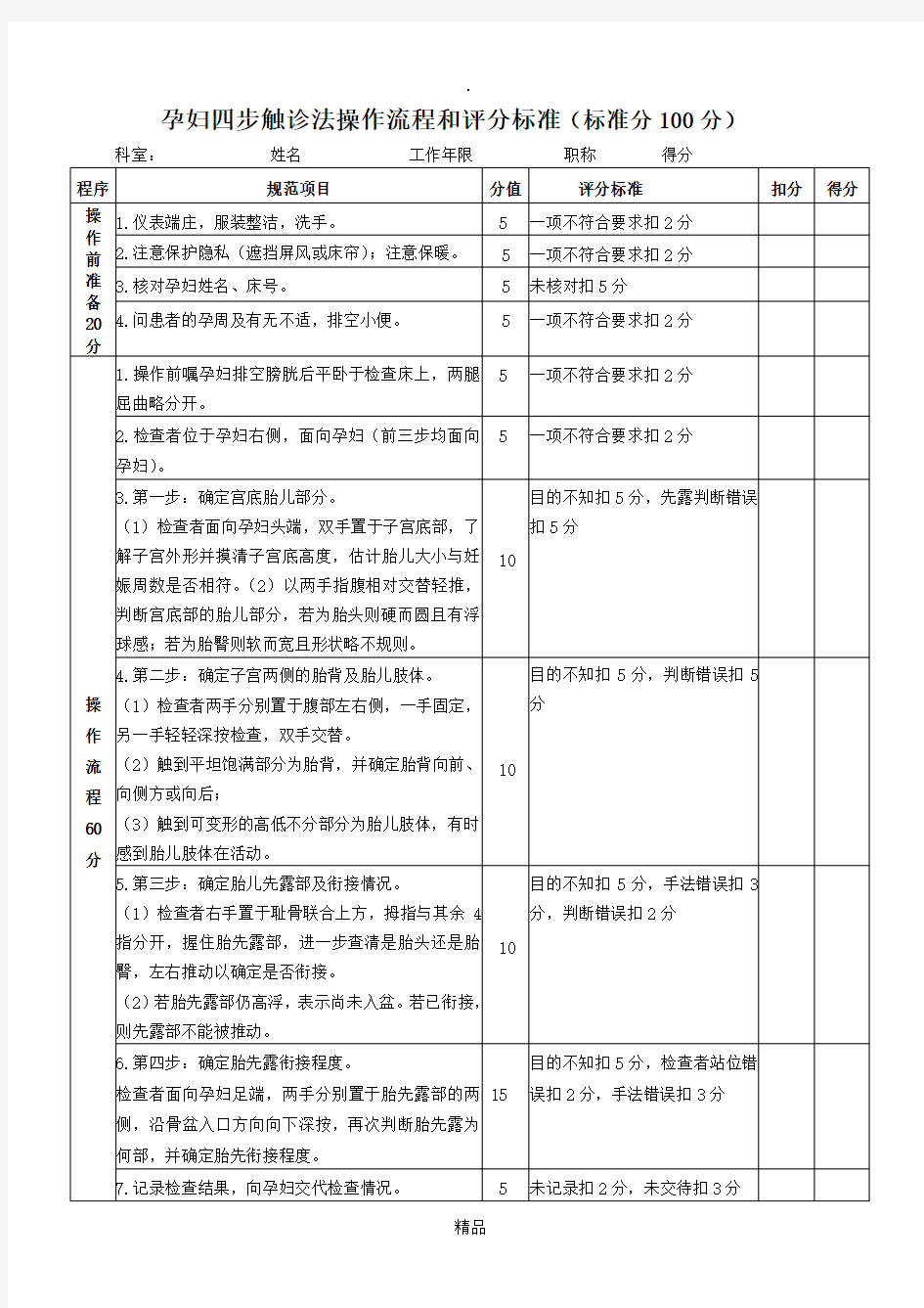 孕妇四步触诊法的操作流程和操作标准