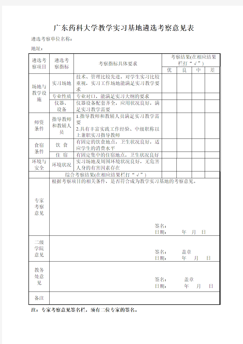 广东药科大学教学实习基地遴选考察意见表