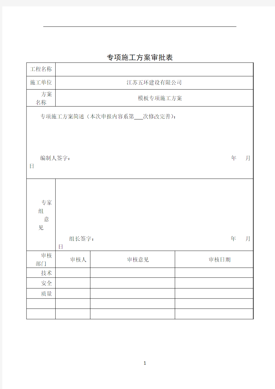 专项施工方案审批表(专家论证)