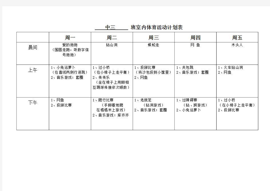 幼儿园中班室内体育活动计划表(1)