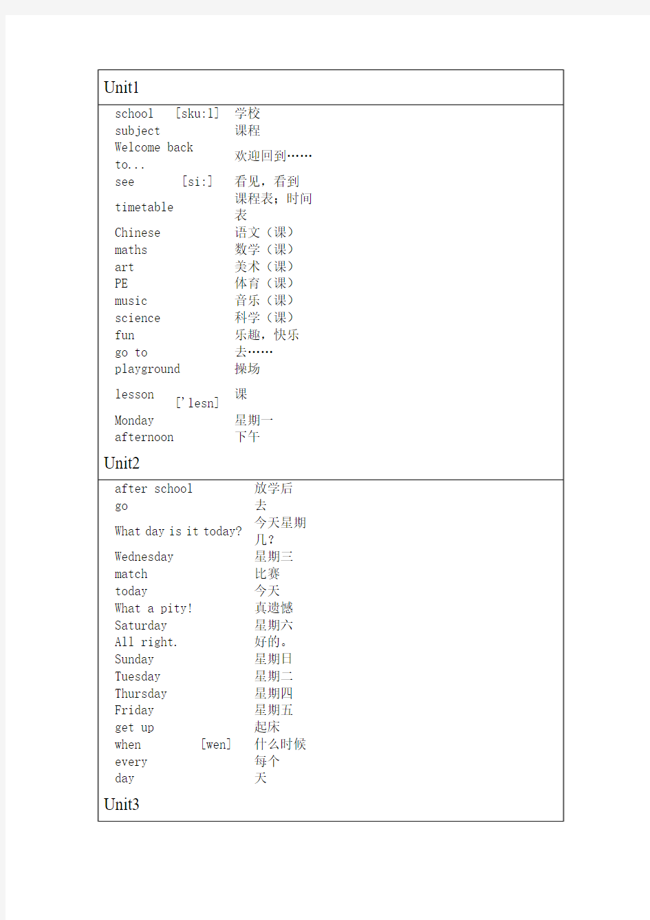 译林版英语词汇表(四年级下)