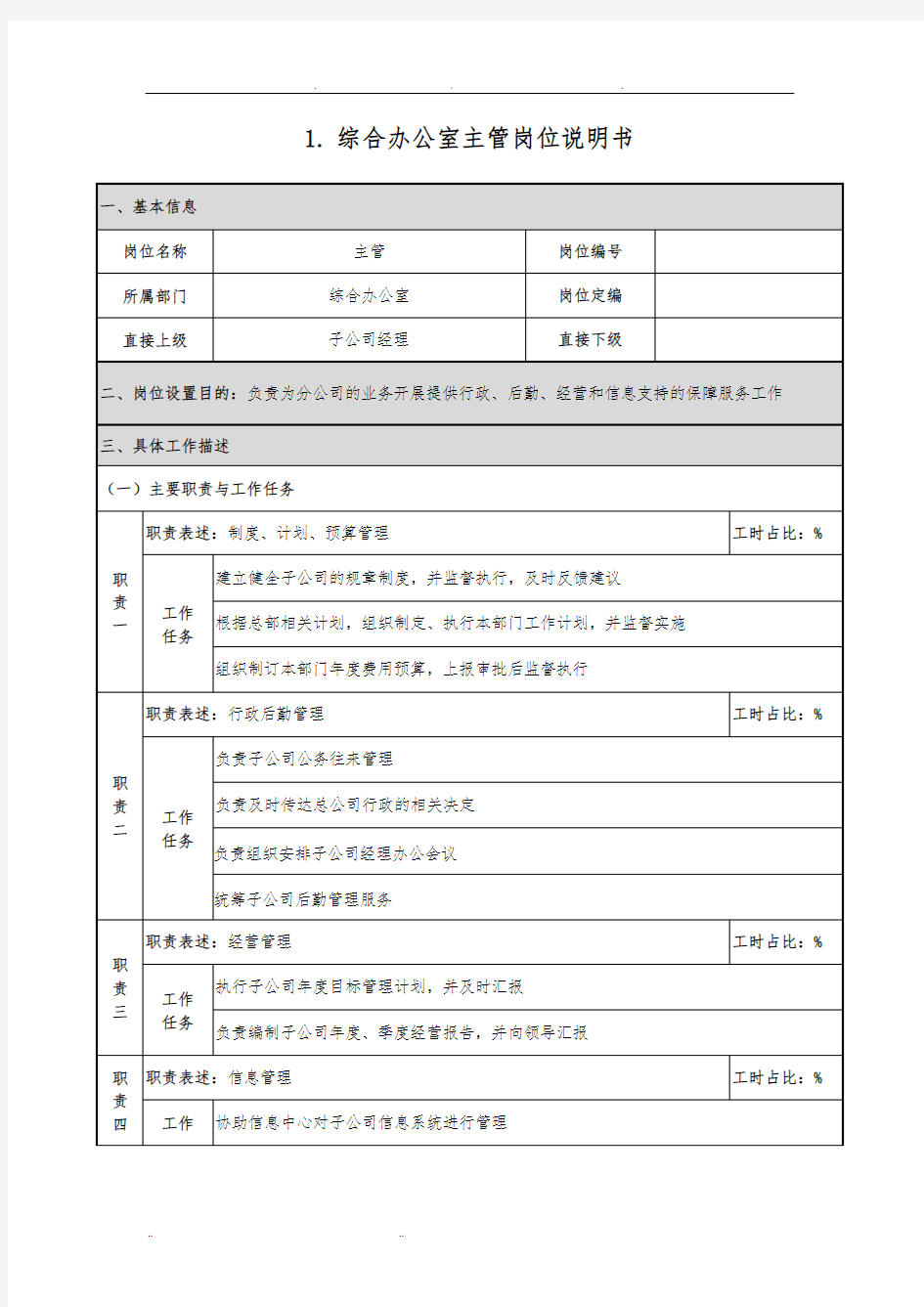 综合办公室岗位说明书