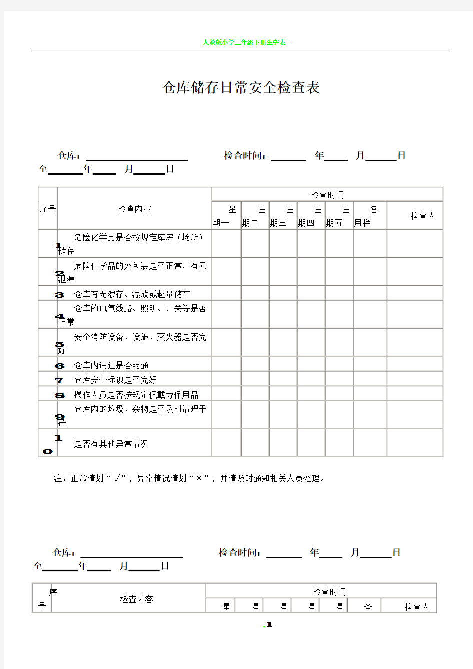 仓库储存日常安全检查表