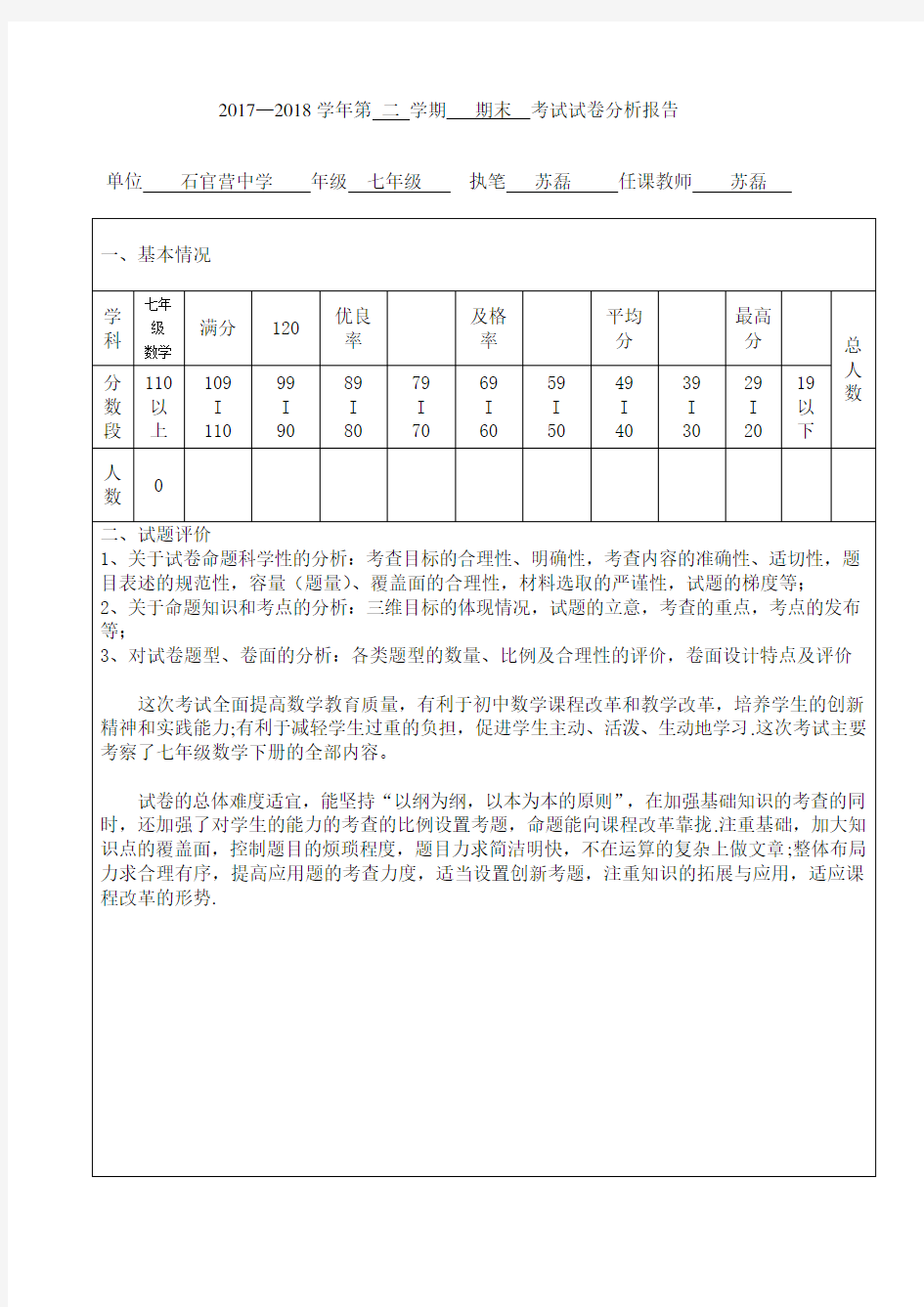 数学试卷分析模板